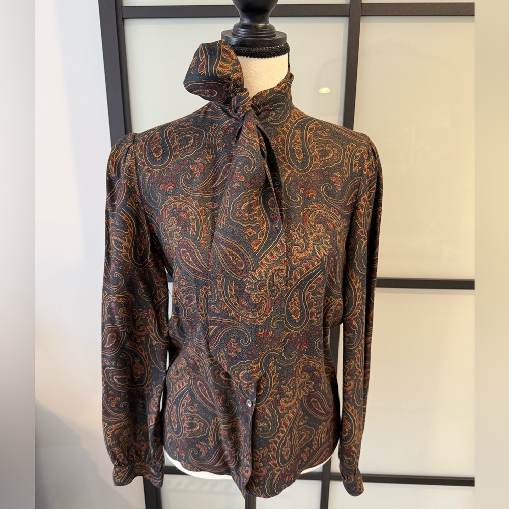 Vintage Paisley Print Blouse with Bow Tie